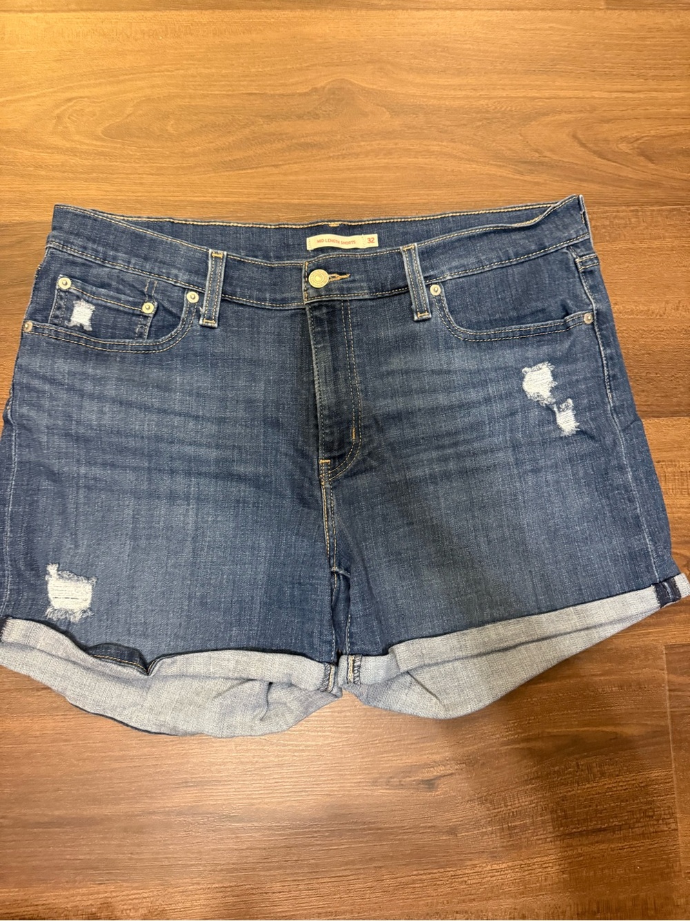 Levi's Dark Blue Distressed Roll-Cuff Jean Shorts